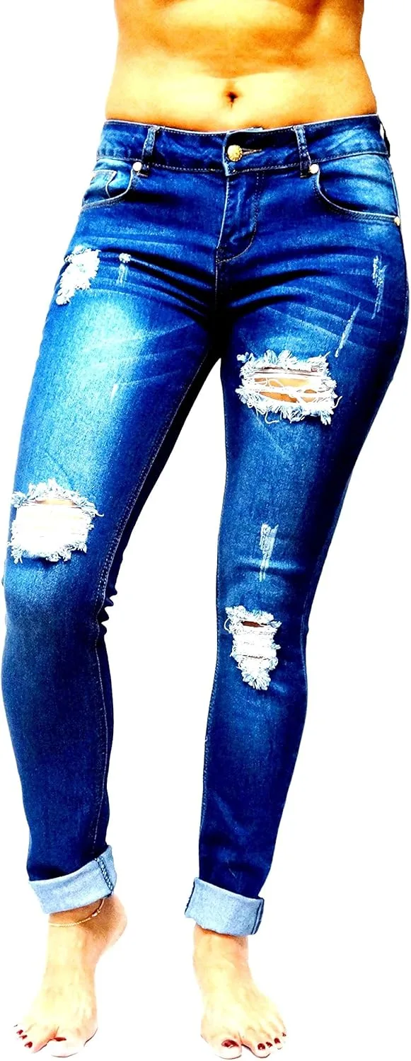 

Женские синие джинсы Stretch Crop Skinny Boyfriend Ripped Distressed JEANS FOR LOVE