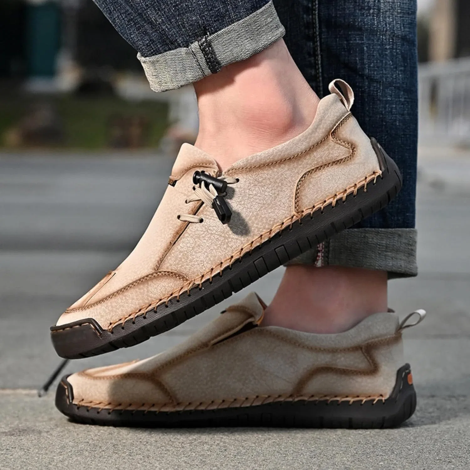 Мужские лоферы на каждый день, кожаные, без бренда, Beige Dwihuizes — фото 3