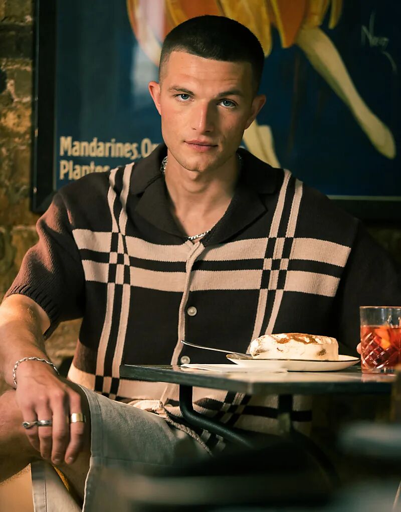

Свободная трикотажная рубашка Topman с клетчатым рисунком коричневого цвета