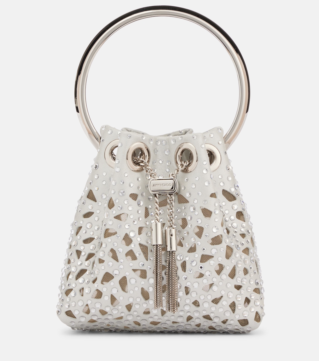 

Сумка-ведро Bon Bon Micro из атласа с лазерной резкой Jimmy Choo, серебряный