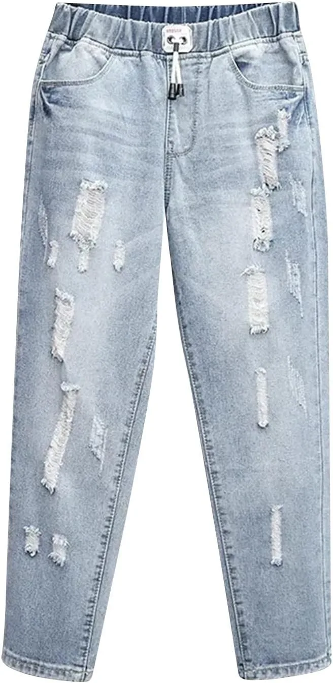 

Женские джинсы-джоггеры с эластичным поясом и завязками