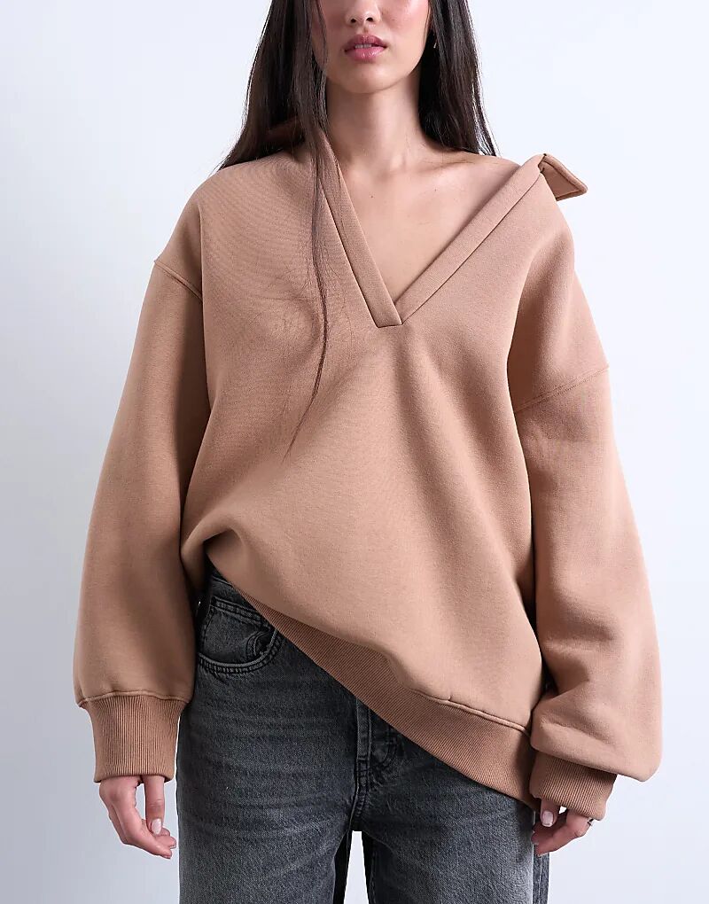 

Длинная толстовка-поло Topshop с V-образным вырезом коричневого цвета