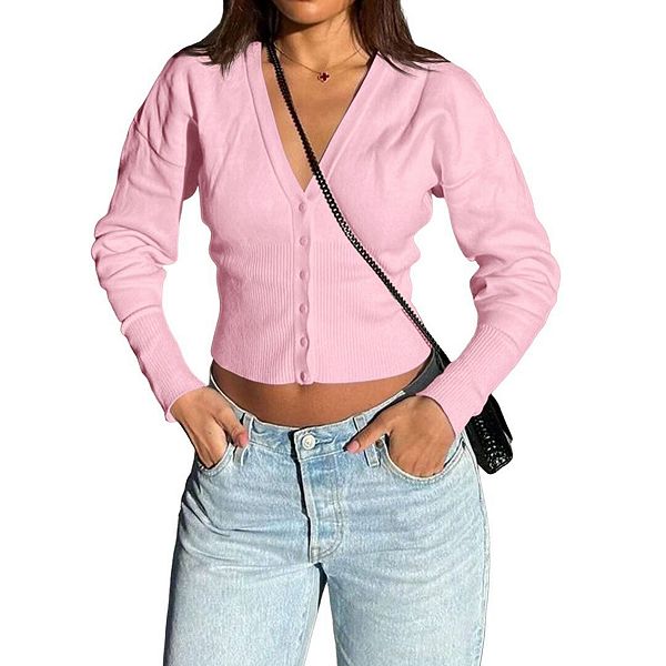 

Женский короткий кардиган v-образного выреза на пуговицах риб Yesfashion, Pink