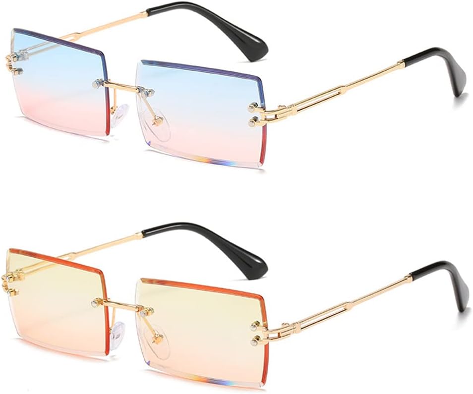 

Солнцезащитные очки без оправы прямоугольной формы для женщин, квадратные модные очки без оправы, маленькие винтажные очки-баффы для мужчин HEPTAGRAM 7, Blue Pink&yellow