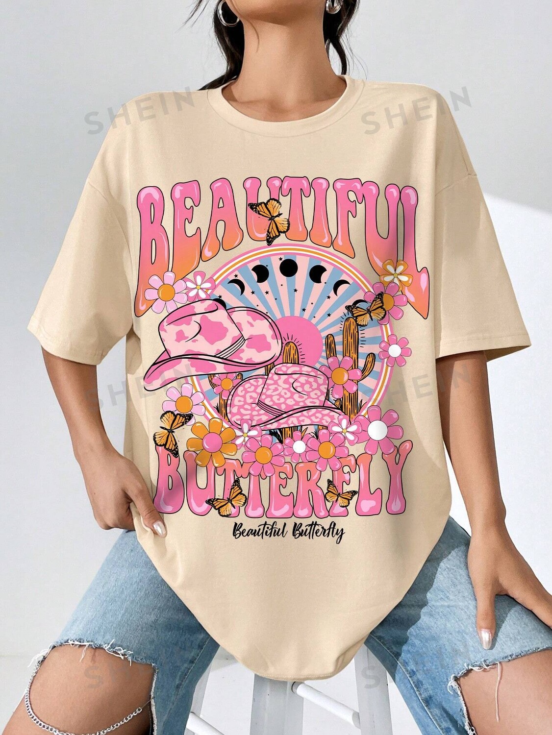 

Футболка женская Shein Ezwear с круглым вырезом и узором, абрикосовый