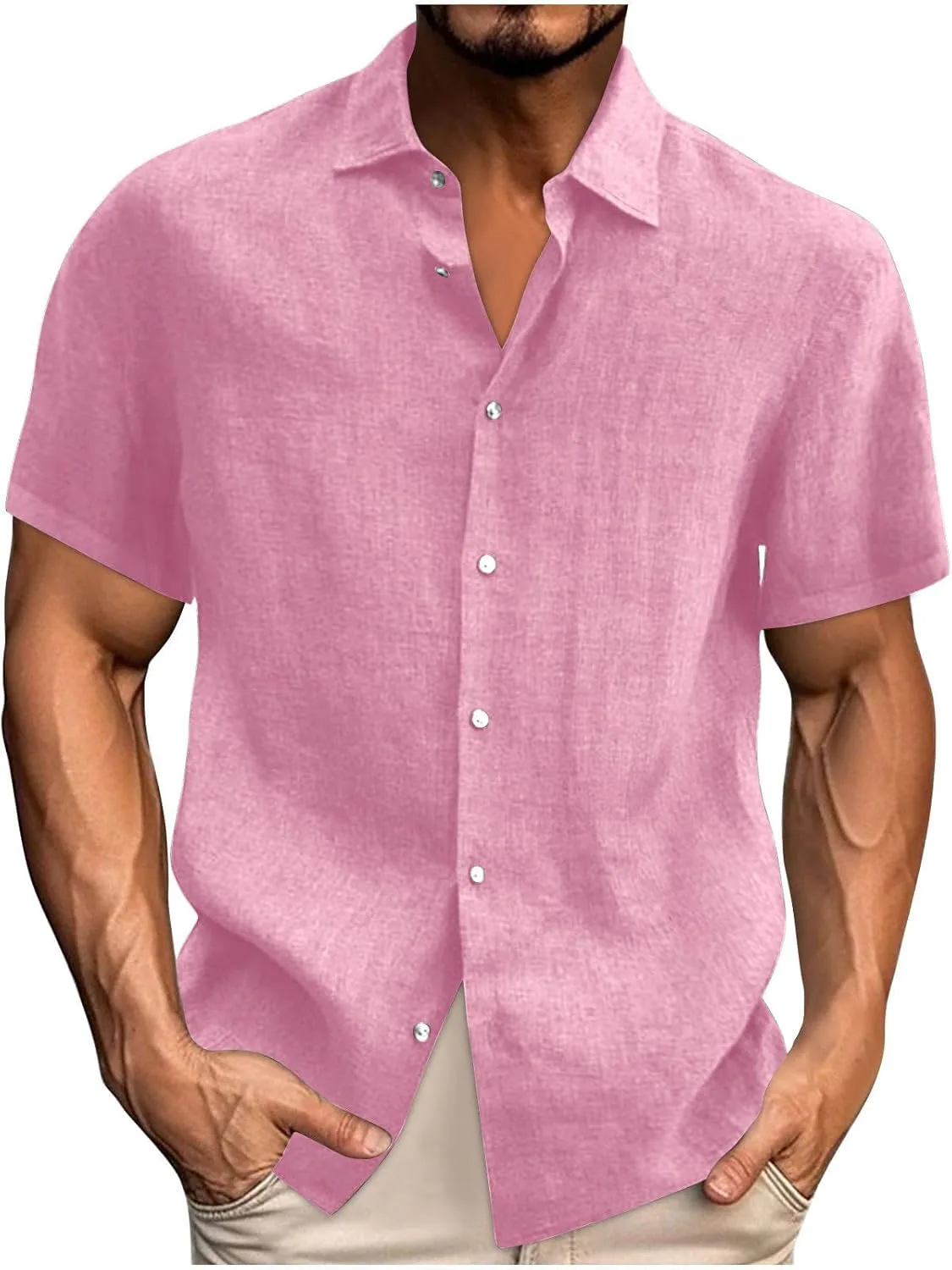 

Льняная рубашка для мужчин Casual Button Down с коротким рукавом Ssuyeuri