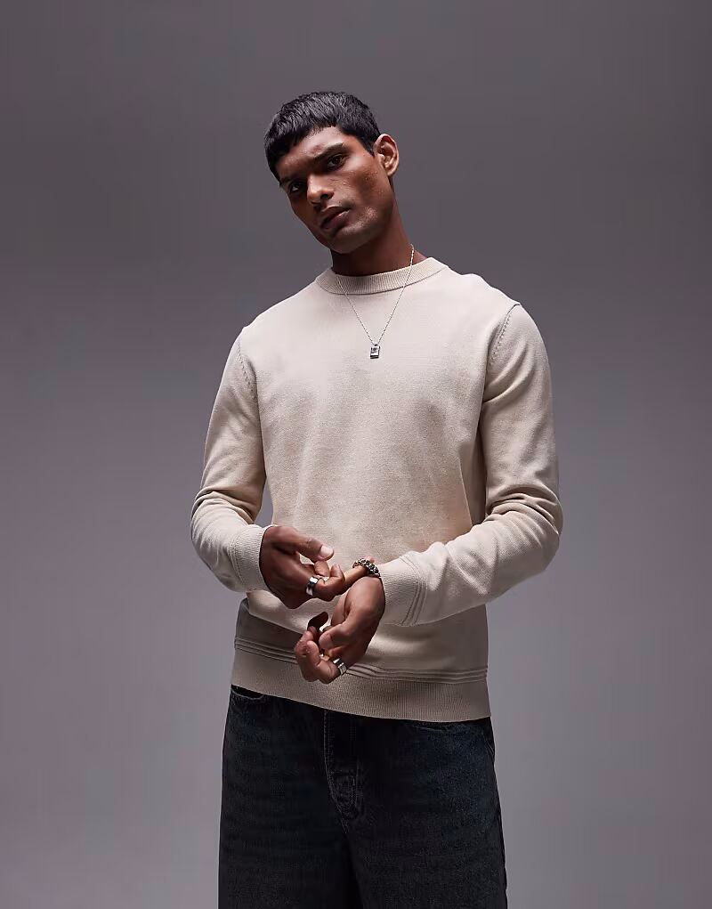 

Базовый свитер Topman с круглым вырезом бежевого цвета