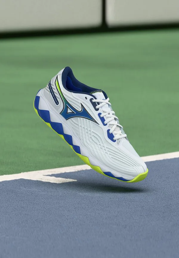 Теннисные кроссовки wave enforce tour 2 ac all-court Mizuno, White/Dazzling Blue/Lightning Yellow
