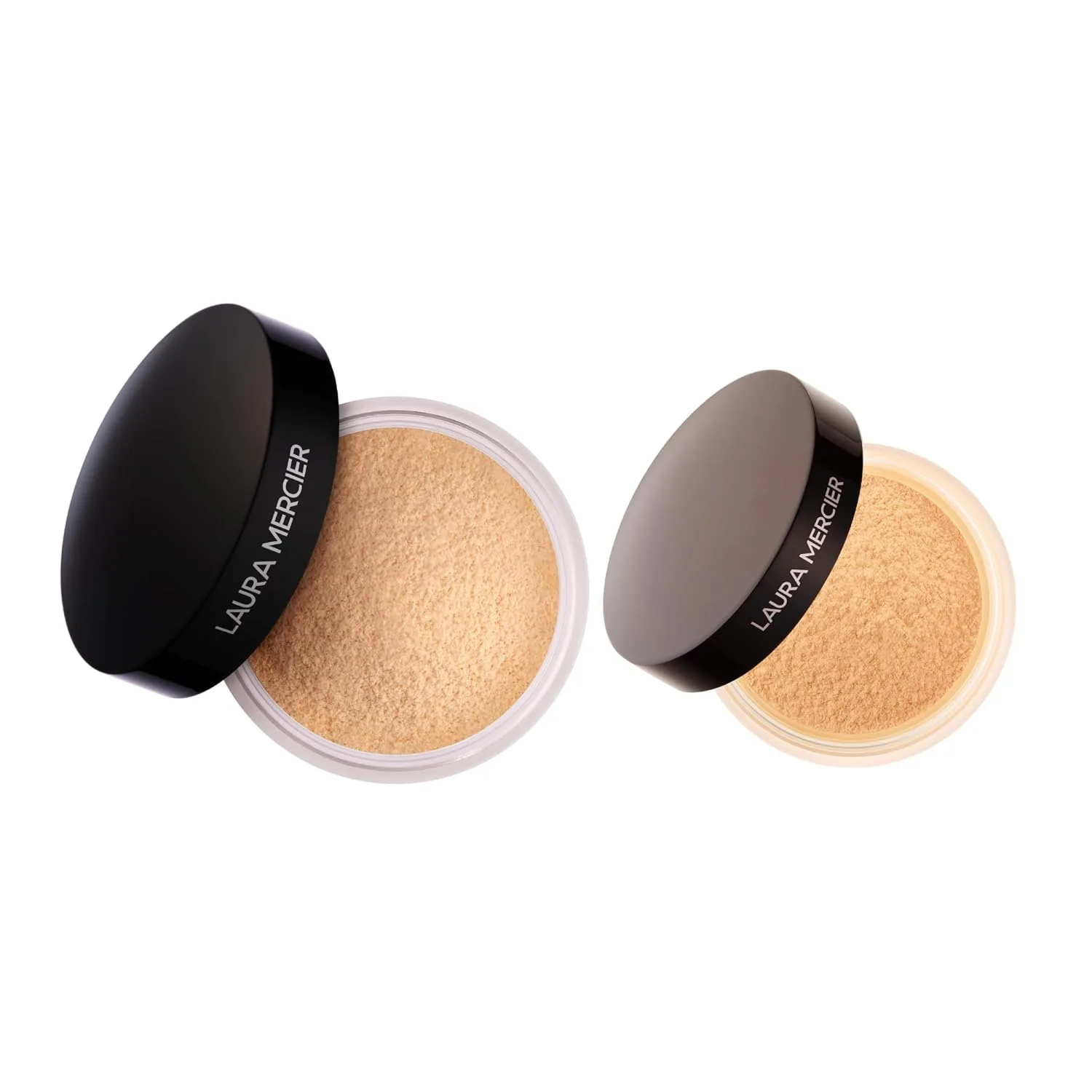 Рассыпчатая прозрачная фиксирующая пудра Laura Mercier в оттенке Translucent Honey и корректирующая осветляющая пудра для области под глазами Secret в оттенке Golden Bundle.