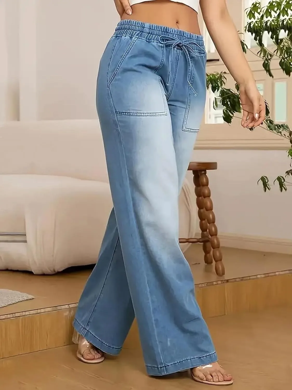 Женские джинсы Casual Wide Leg Baggy с высокой талией и шнурком — фото 3
