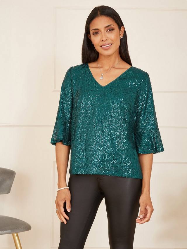 

Топ с флейт-рукавами и пайетками Yumi, Green