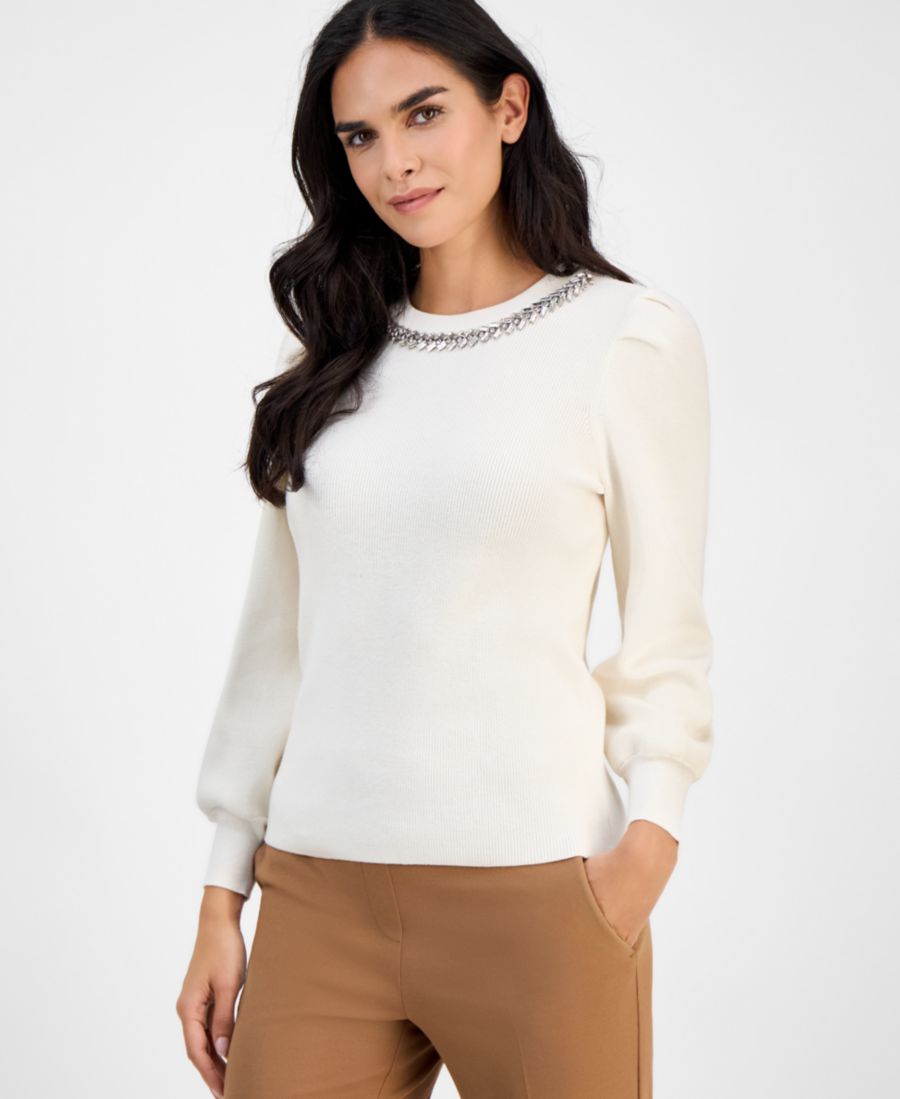 

Укороченный свитер с круглым вырезом и пышными рукавами, украшенный стразами AK Anne Klein, White Dove