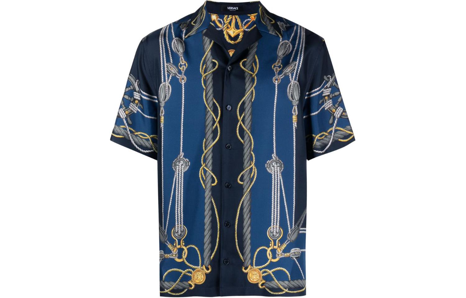 

Версаче Синяя шелковая рубашка с коротким рукавом и морским принтом