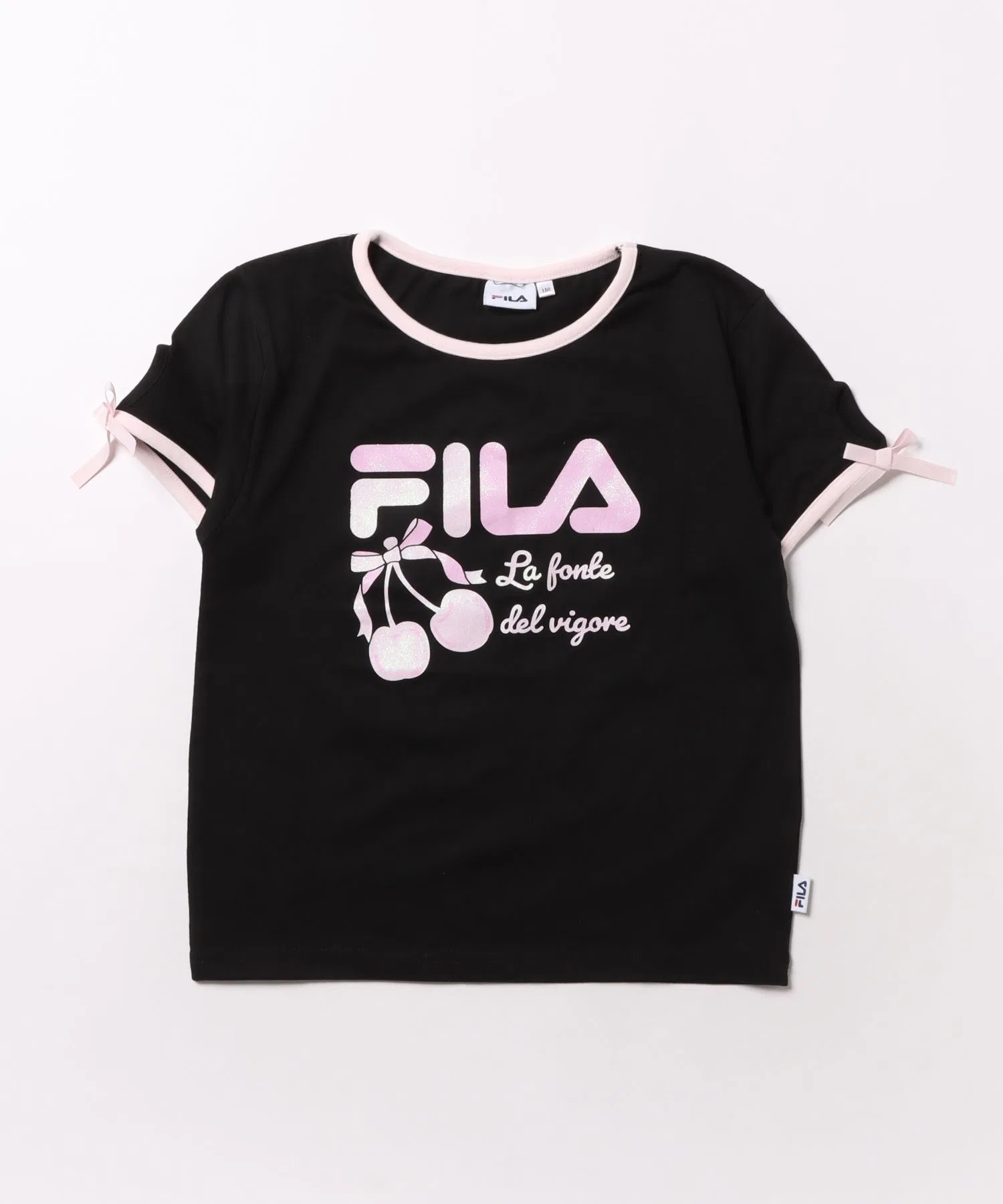 Футболка FILA для девочек с принтом вишни и бантом на рукавах розовая — фото 2