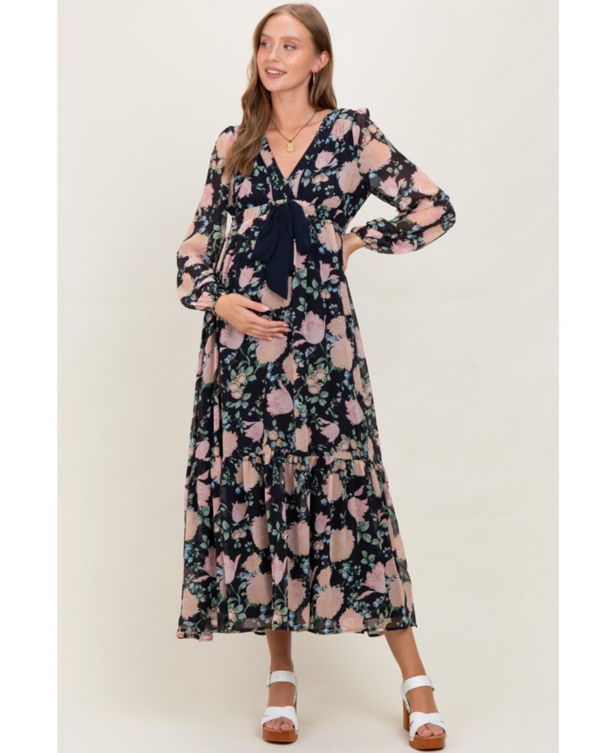 

Длинное платье для беременных из шифона с цветочным принтом и бантом спереди, темно-синего цвета Pinkblush, Navy blue