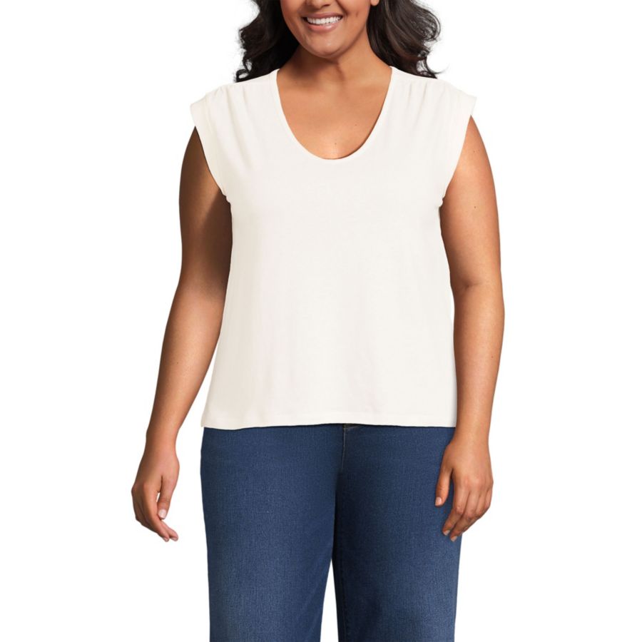 

Женская футболка больших размеров из льняной смеси с короткими рукавами и присборенными плечами Lands' End, Ivory, Бежевый, Женская футболка больших размеров из льняной смеси с короткими рукавами и присборенными плечами Lands' End, Ivory