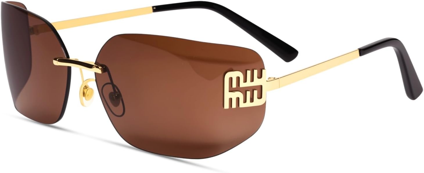 

Футуристические безободковые солнцезащитные очки AICase в стиле Y2K для женщин и мужчин, модная оправа с обтекаемым дизайном, стильные солнцезащитные очки Miu Designer с защитой от УФ-излучения UV400, Brown