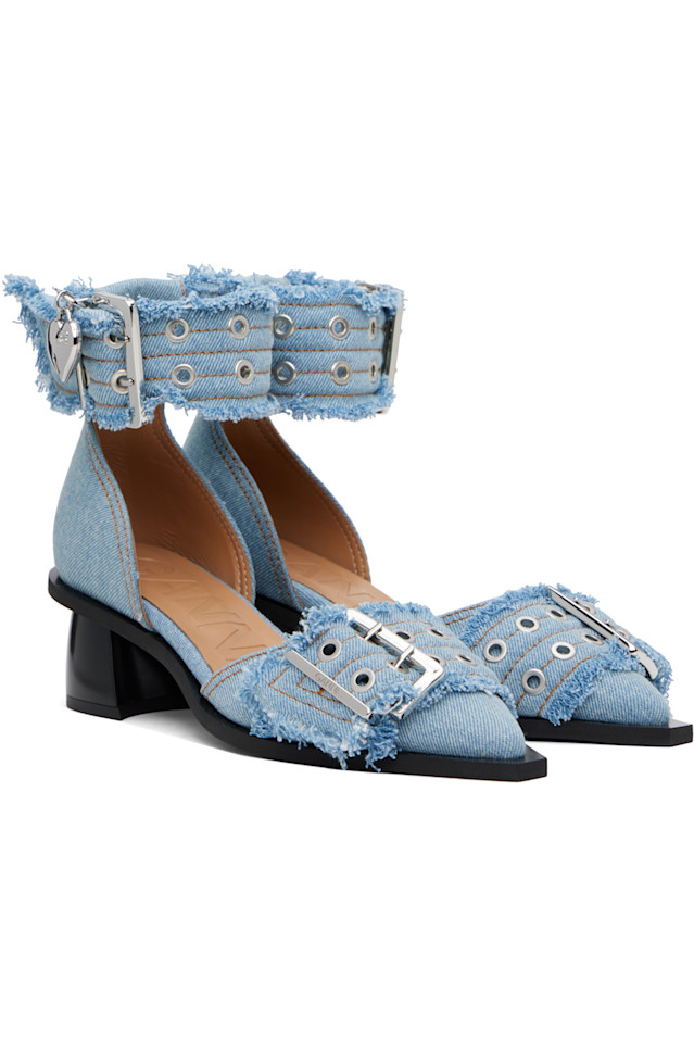 Джинсовые женские босоножки с пряжкой и открытым мысом Ganni, цвет faded denim — фото 4