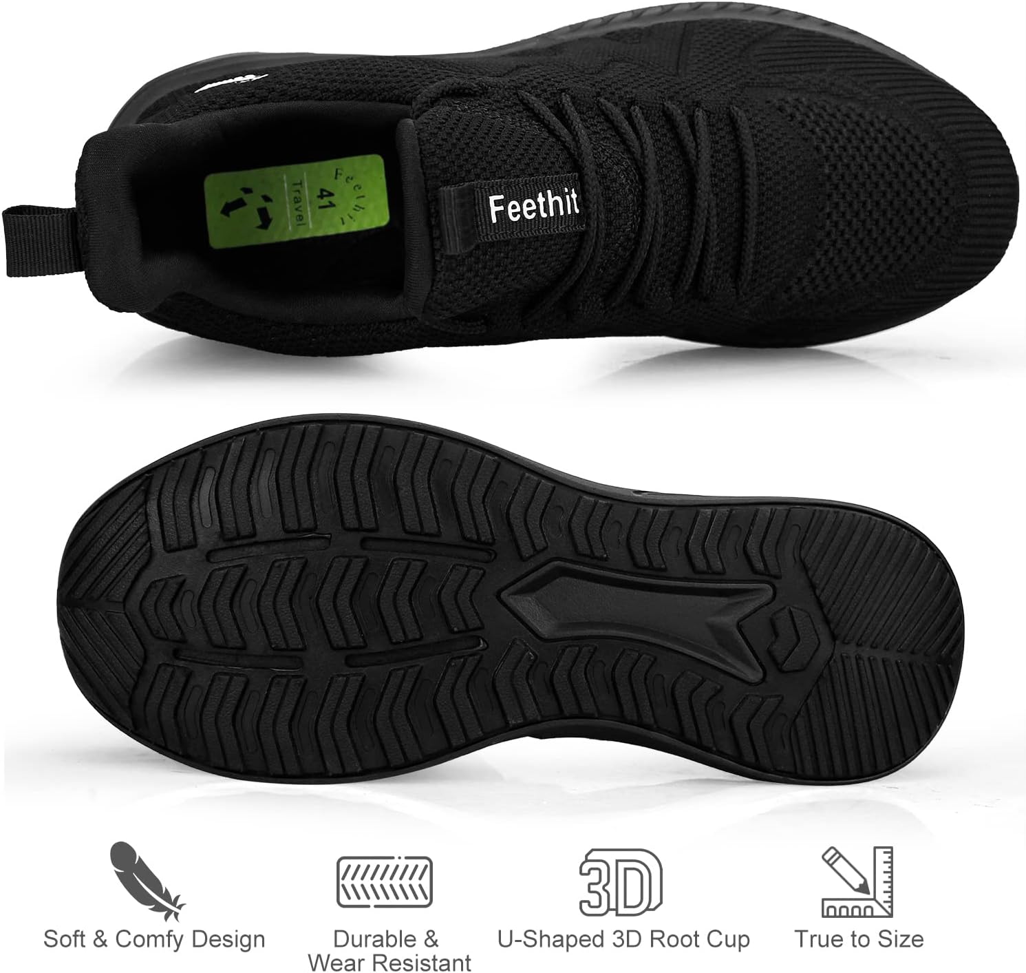 Мужские кроссовки Feethit с нескользящей подошвой, легкие, дышащие, без шнурков, для бега, спорта, тренажерного зала и тенниса, черный — фото 4
