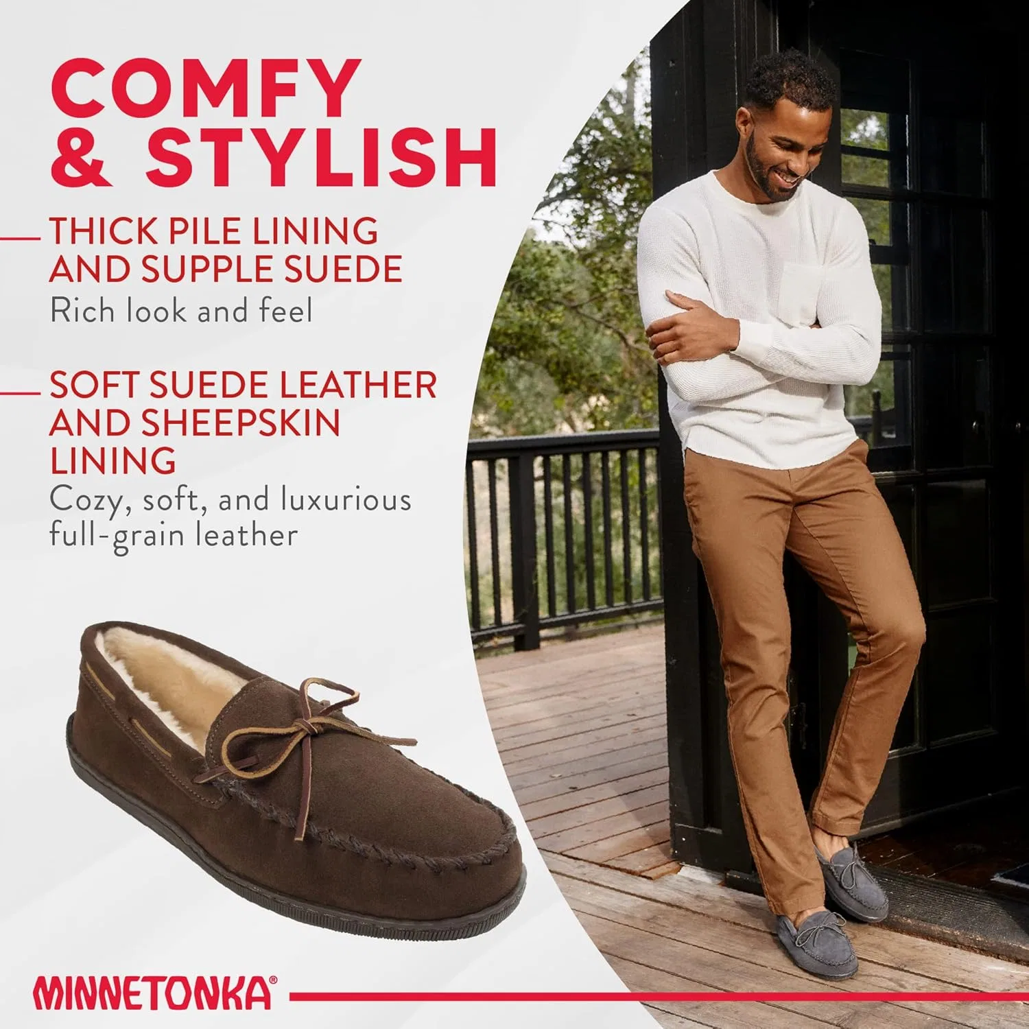 Мужские мокасины Minnetonka с ворсистой подкладкой и жесткой подошвой, Chocolate Brown — фото 4