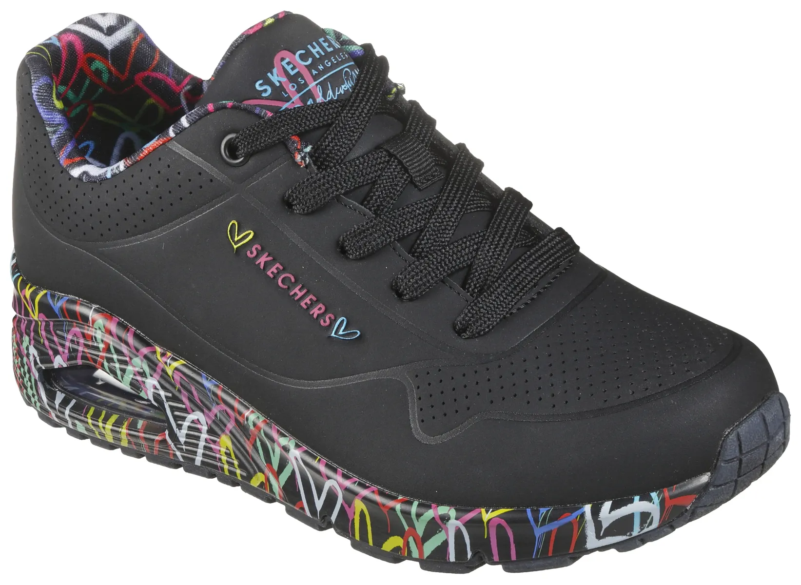 Кроссовки Skechers на танкетке "UNO-LOVING LOVE", с классным принтом граффити, повседневная обувь, полуботинки, туфли на шнуровке, черный