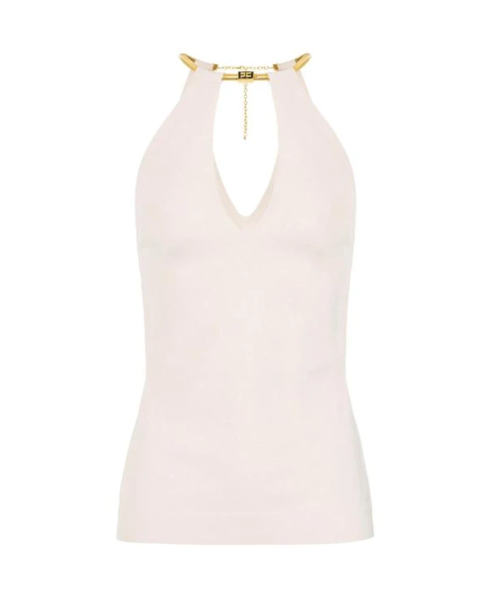 

Вязаный топ с узором в виде змеиной кожи, украшенной драгоценными камнями. Elisabetta Franchi, белый