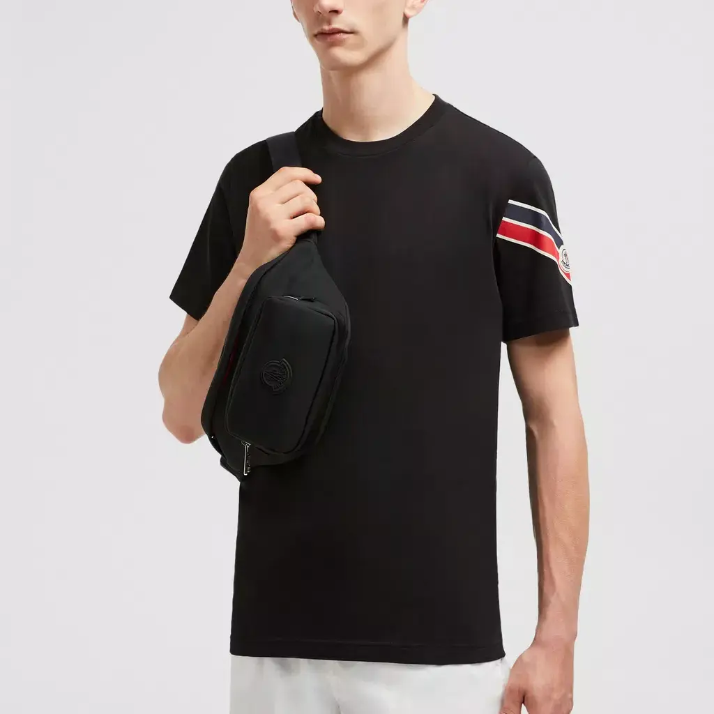 Трехцветная хлопковая футболка Moncler, черная — фото 4