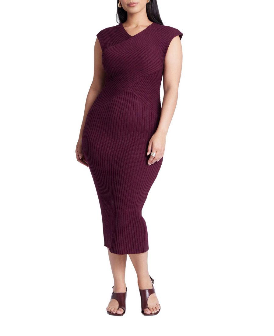 

Женское платье-свитер миди большого размера с перекрестным вырезом спереди в рубчик ELOQUII, Merlot
