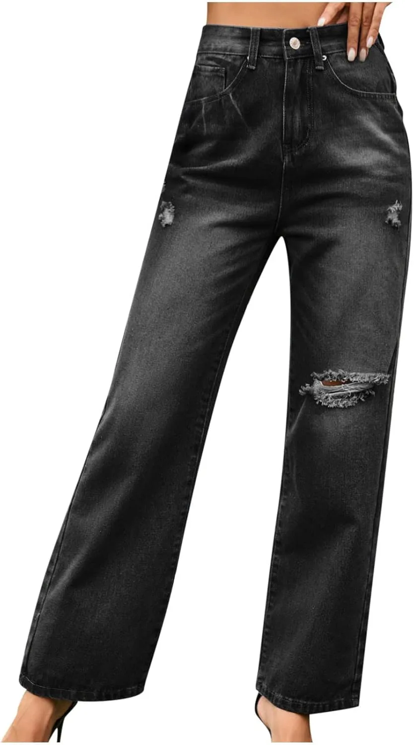 

NATHGAM рваные джинсы для женщин High Waisted Straight Wide Leg