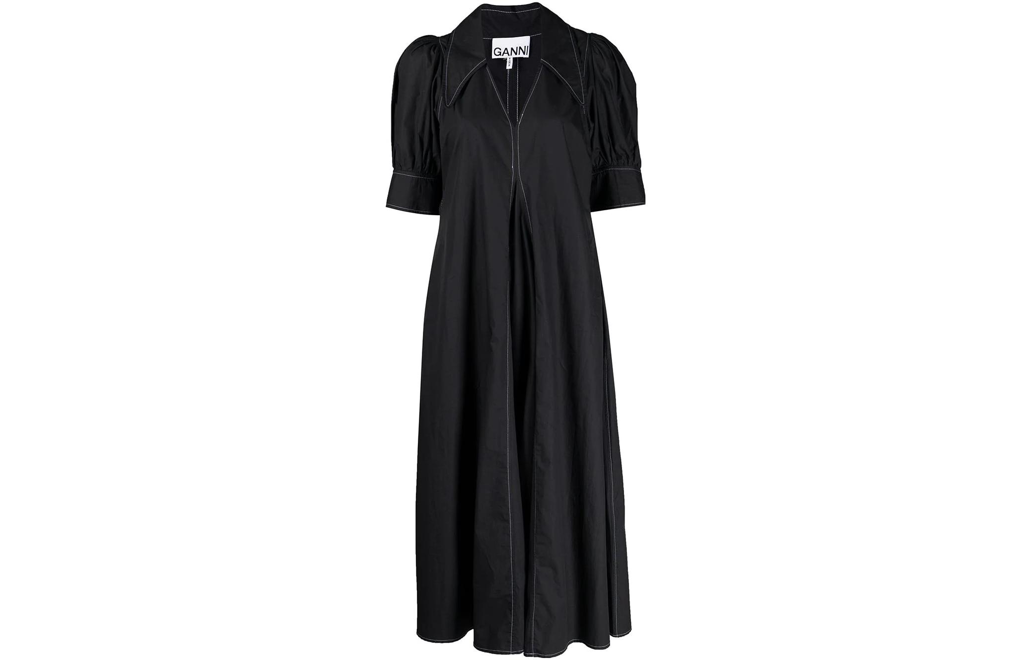 

Платье с пышными рукавами и встречными складками GANNI, черный