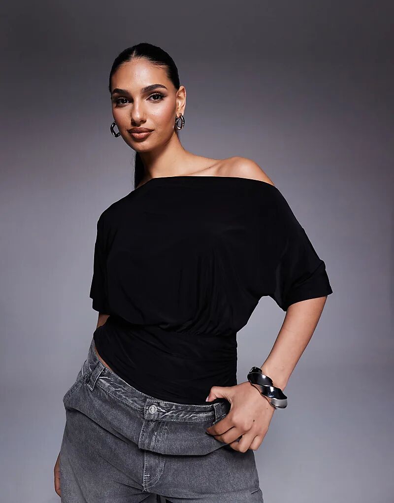 

Асимметричный топ ASOS DESIGN на одно плечо с короткими рукавами и утягивающей талией, черный цвет