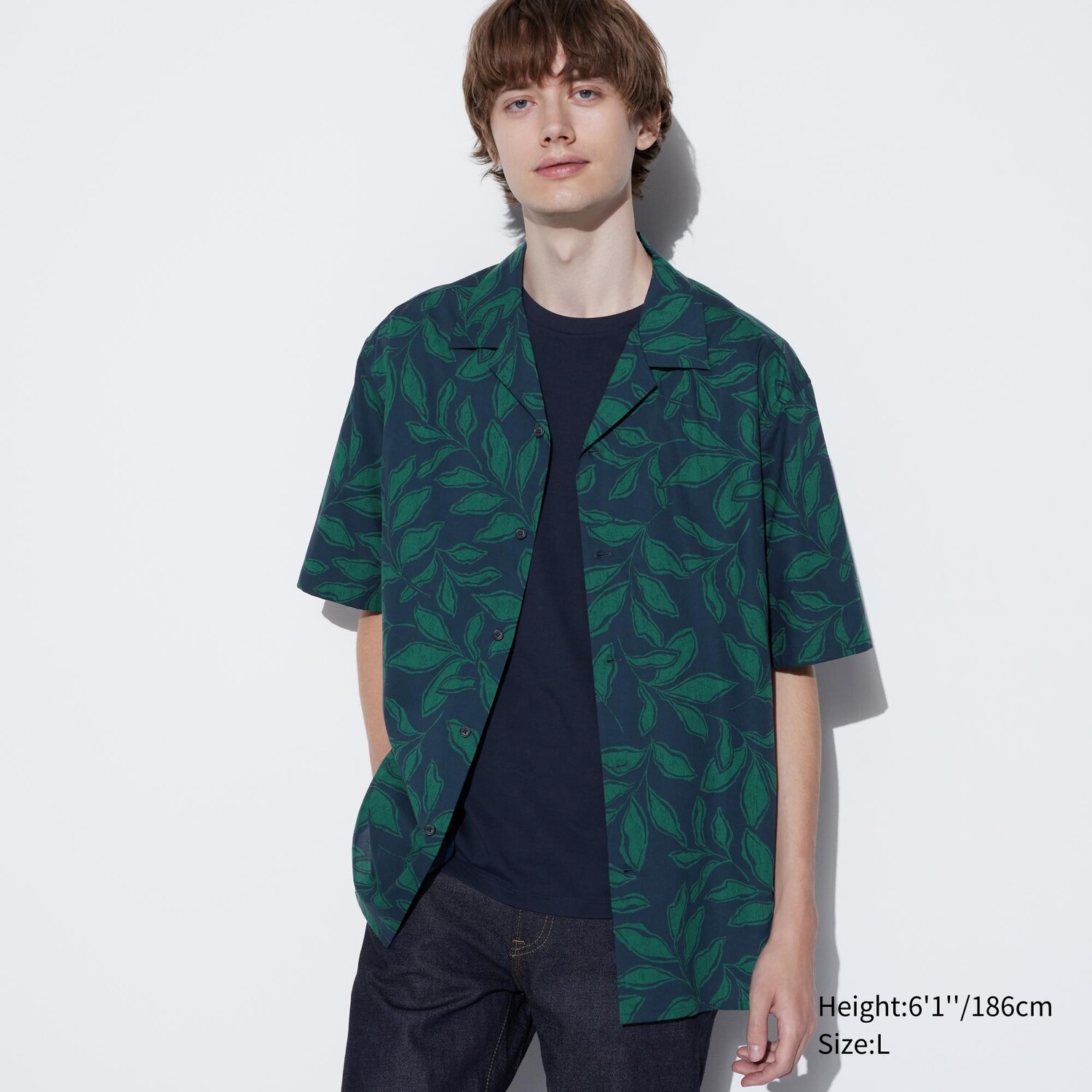 

Рубашка из смесового хлопка с принтом открытого воротника UNIQLO, синий