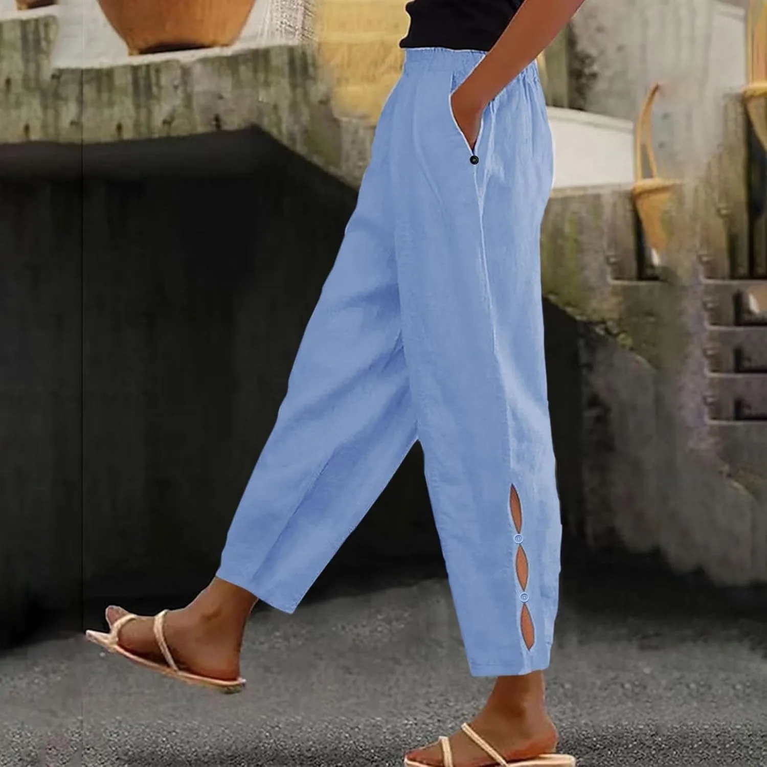 Petite Linen Pants для женщин: брюки для пляжа с эластичным поясом, повседневные, с боковыми вырезами, длина до щиколотки, прямые, с карманами Generic, синий — фото 2