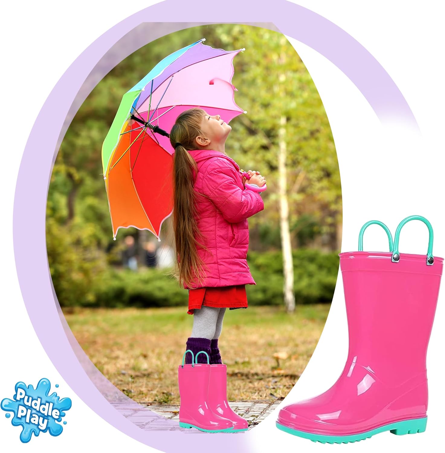 Водонепроницаемые ПВХ сандалии Puddle Play для малышей и детей с ручками для легкого надевания - легкие противоскользящие сапоги для мальчиков и девочек, розовый/бирюзовый — фото 3
