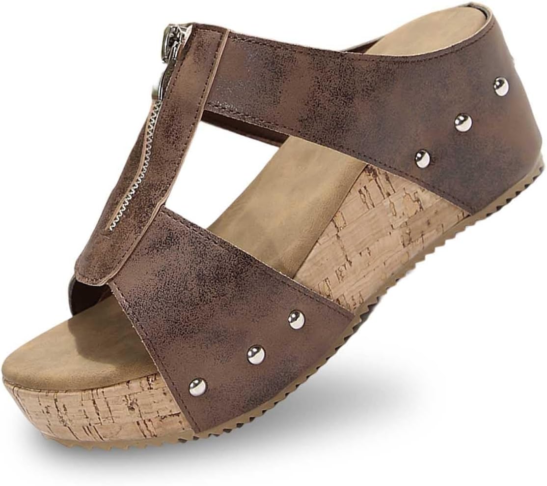 

Женские платформенные босоножки сандалии, дышащие, летние, ортопедические, кожаные платформенные босоножки на танкетке с молнией, поддержкой свода стопы, пляжные шлепанцы, нарядные летние шлепанцы на весь день Zwrxw, коричневый