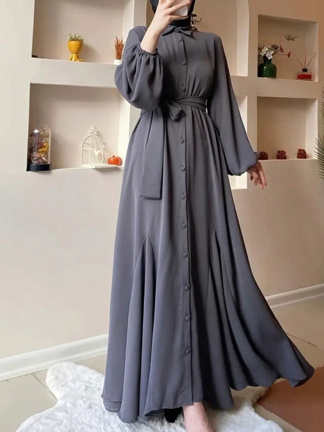 

Простая однотонная женская длинная рубашка в арабском стиле на каждый день, темно-серый