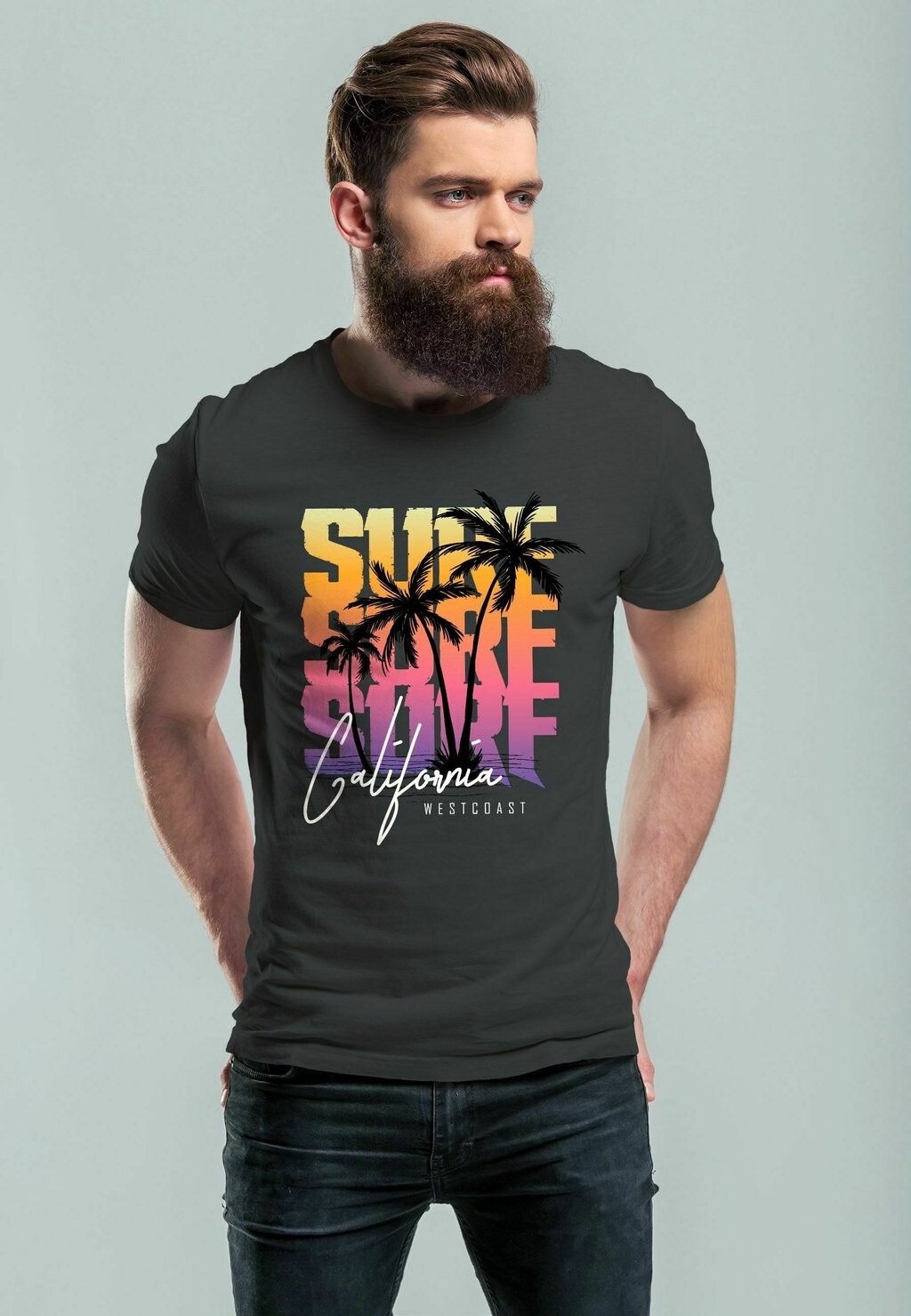 

Футболка с принтом SOMMER SURF CALIFORNIA PALMEN Neverless, цвет dunkelgrau gelb