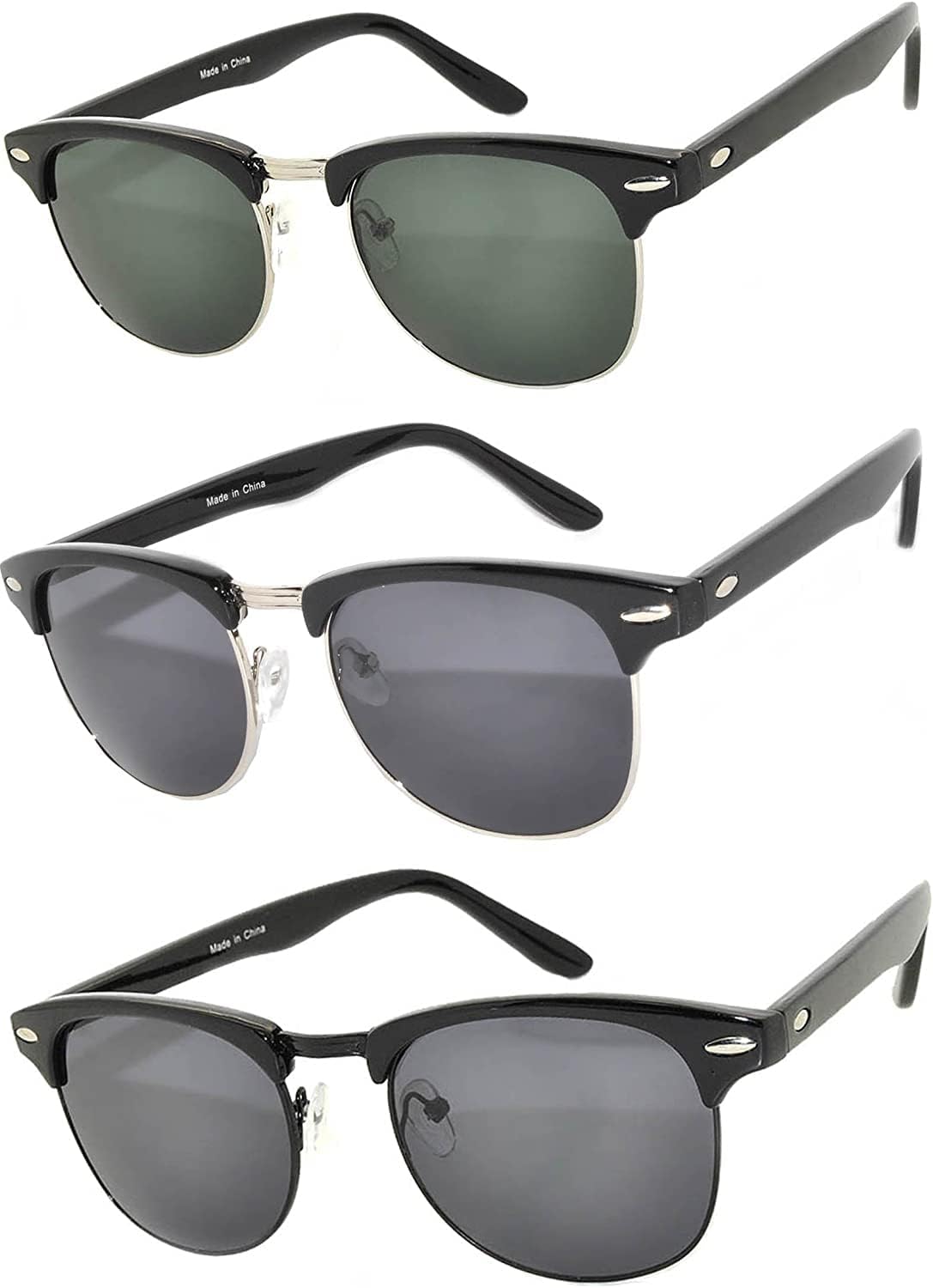 

OWL Набор из 3 полуободковых солнцезащитных очков из металла и пластика для женщин и мужчин, защита от УФ-излучения UV400, дымчатые, тонированные, зеркальные линзы, ретро-стиль, Black/Green Smoke, Black/ Smoke, Black Black/Smoke