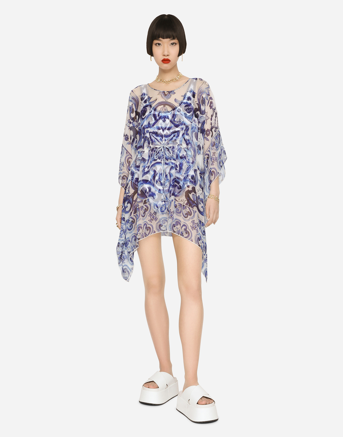 Короткий шифоновый кафтан с узором майолика Dolce & Gabbana, мультиколор — фото 2
