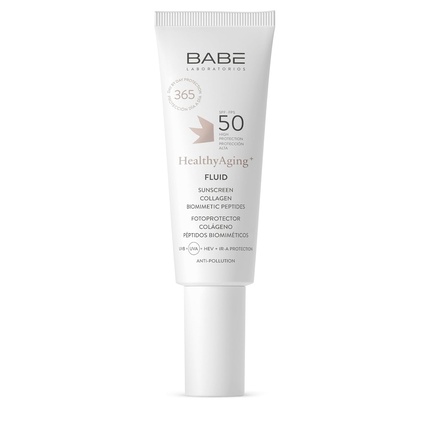 

Солнцезащитный крем для лица Baby-Labor HealthyAging+ Fluid SPF 50 восстанавливает и корректирует эластичную и сияющую кожу, быстро впитывается Babe