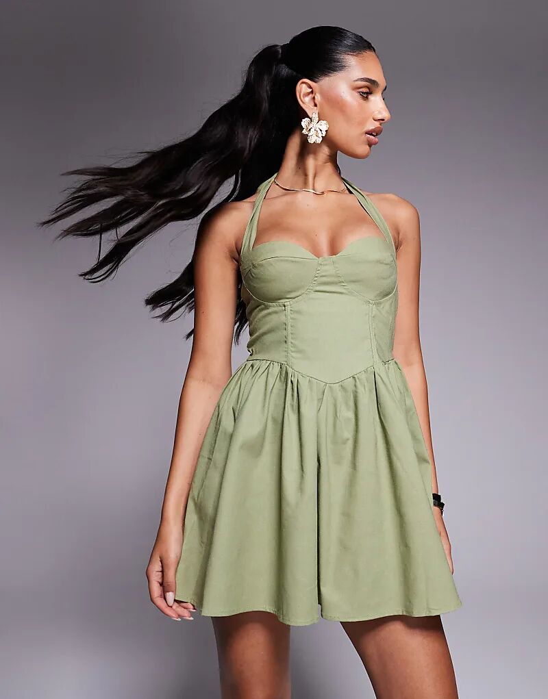 

Мини-платье принцессы Полли Лайл с вырезом халтер и корсетом оливкового цвета