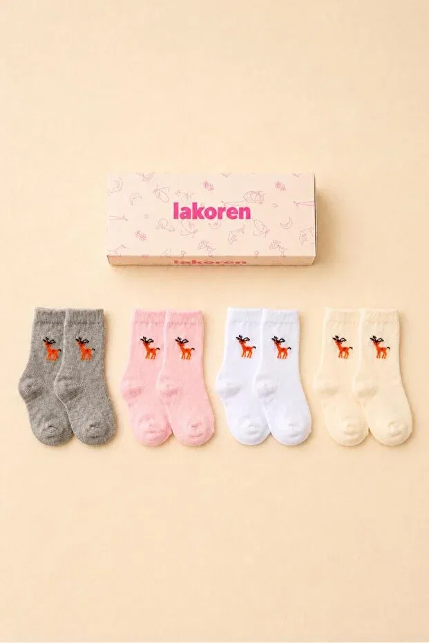Детские носки хлопковые с узором Organic cotton premium 4-piece baby & kids socks with little deer pattern Lakoren, Gray