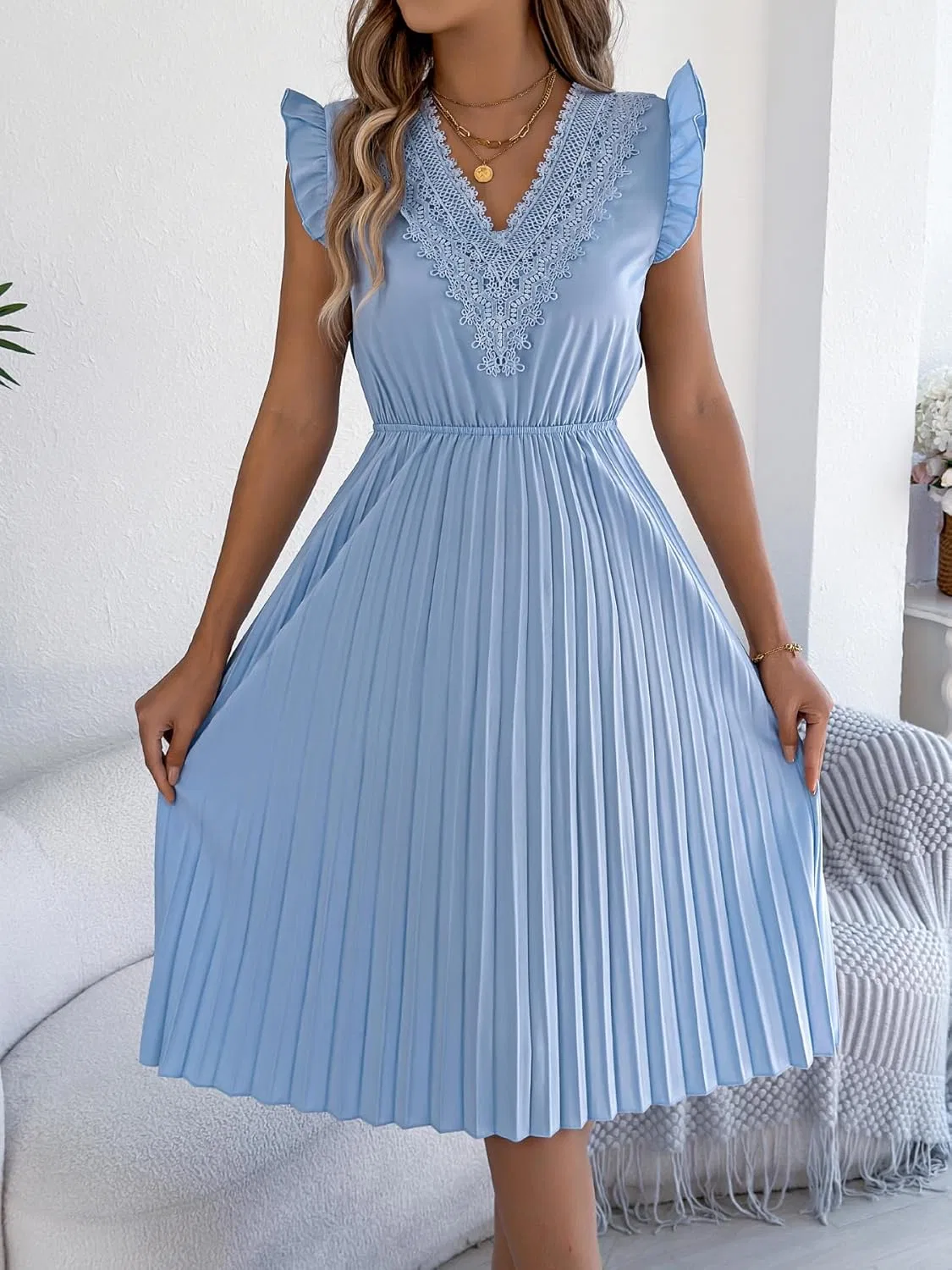 Платье миди с кружевной отделкой и оборками, Light Blue — фото 2