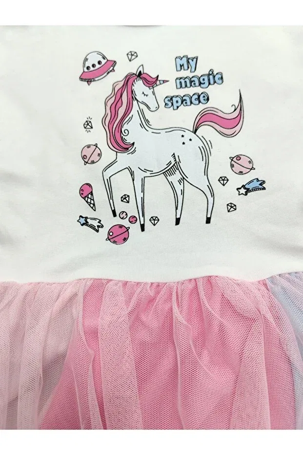 Детское платье из футера с принтом Colorful Tulle Combed Cotton Dress Beray Bebe, Ecru — фото 4