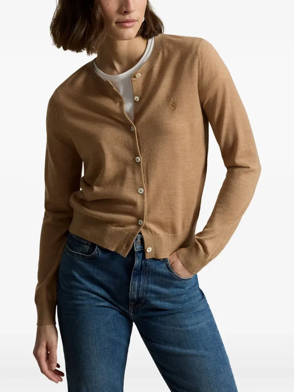 Шерстяной кардиган с вышивкой логотипа POLO RALPH LAUREN, бежевый — фото 2