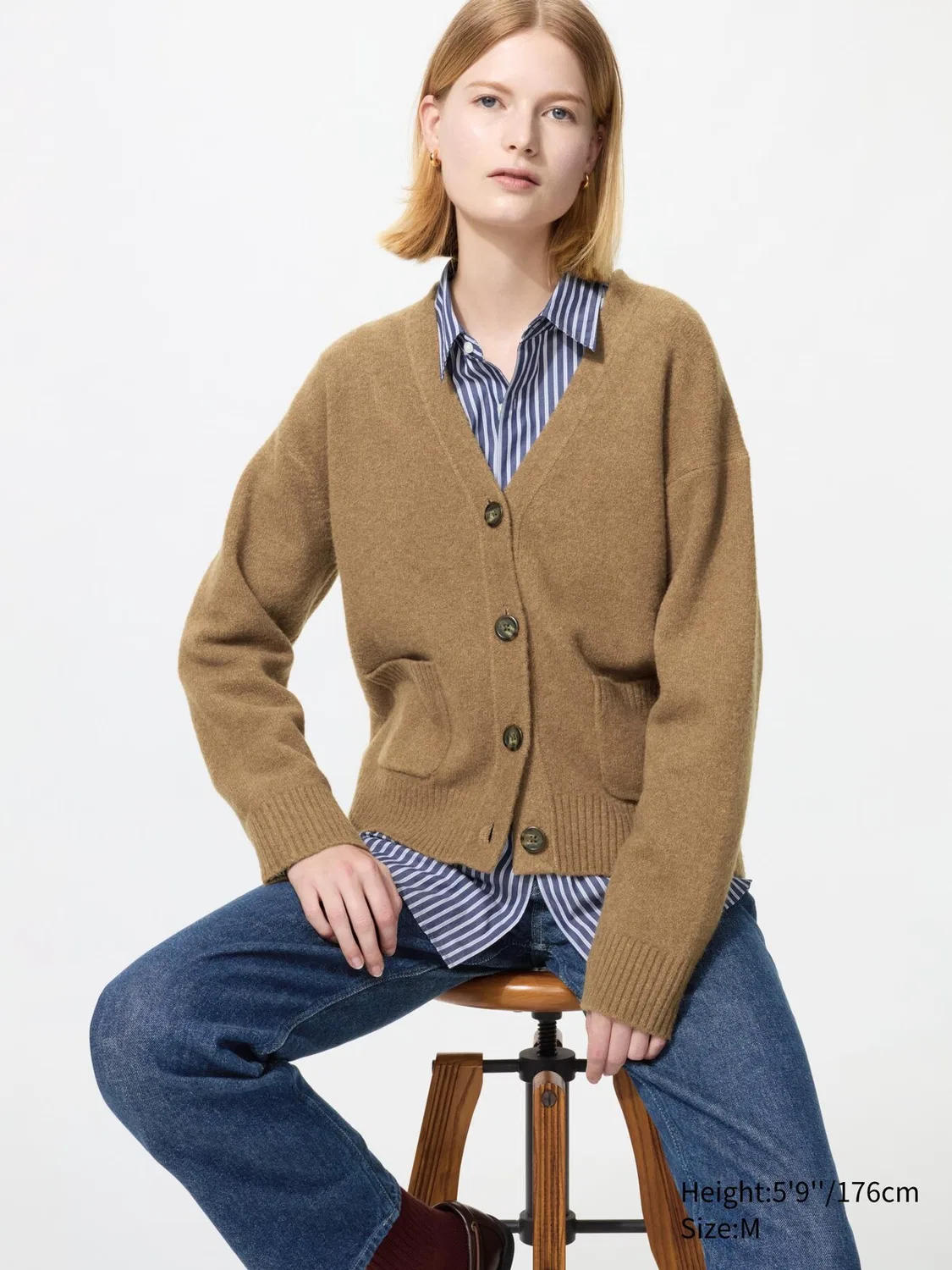 Кардиган Uniqlo Свободный кардиган из легкой пряжи типа «суфле», коричневый
