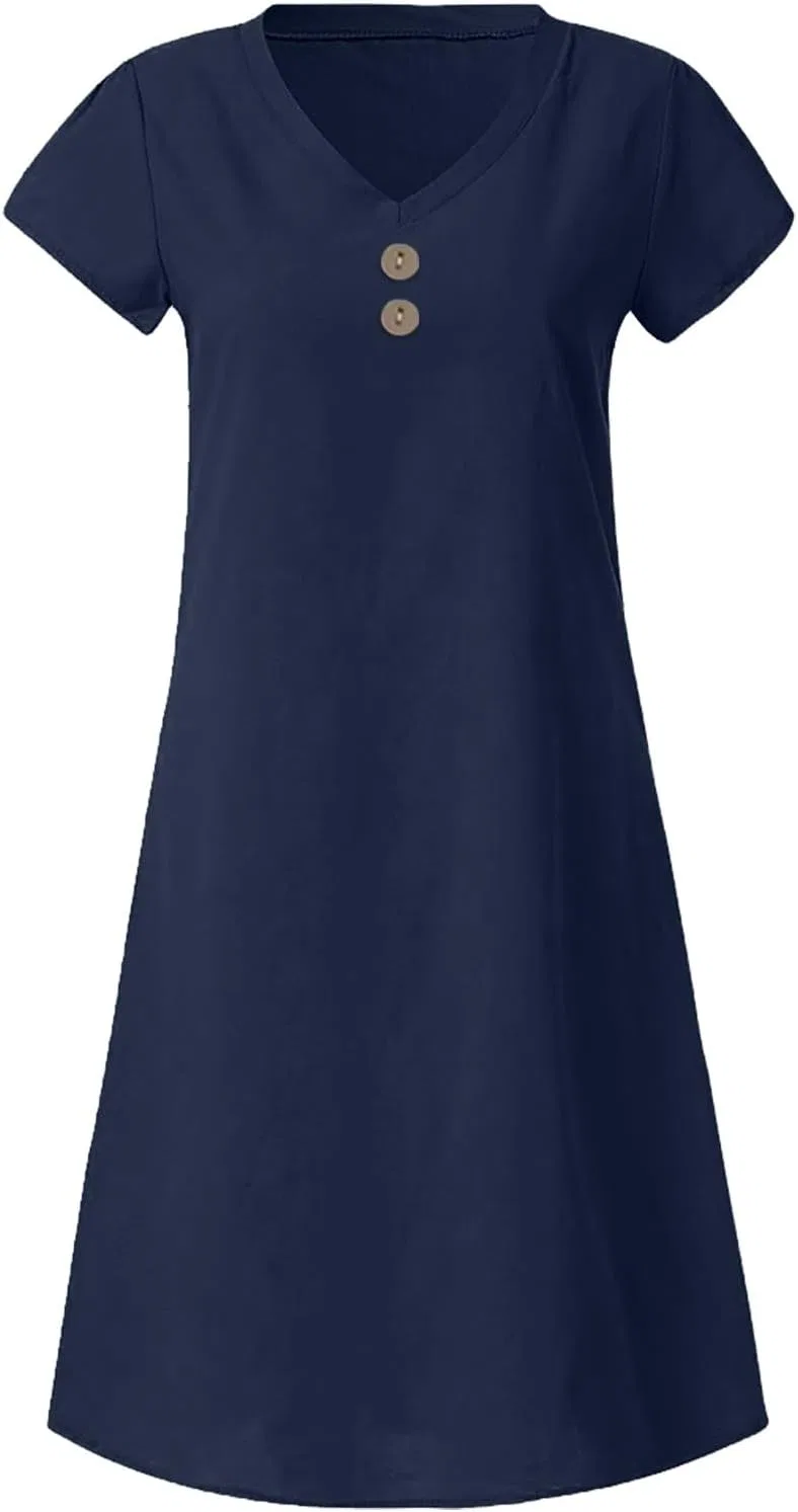 Женское повседневное платье миди с V-образным вырезом Cotton Linen, Navy — фото 2