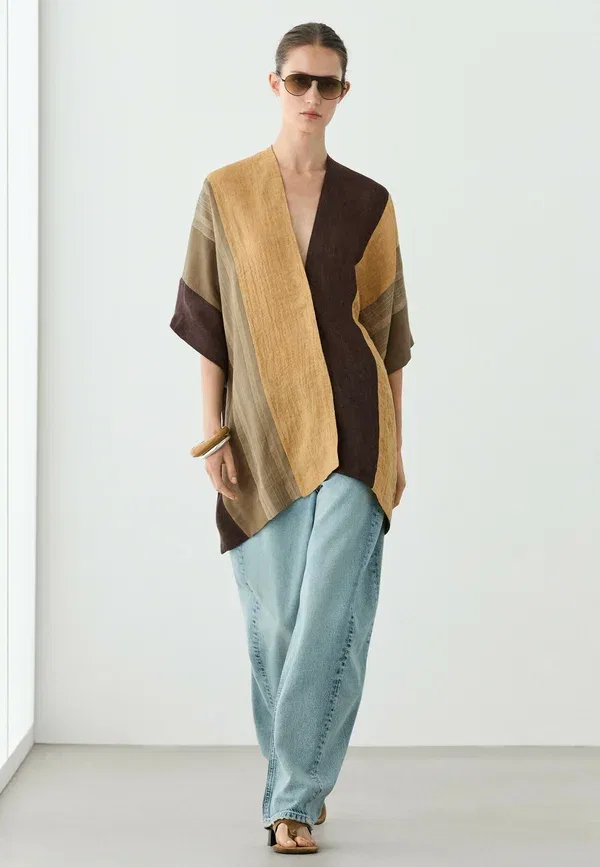 Пальто из льна и вискозы Cape Massimo Dutti, khaki, хаки — фото 3