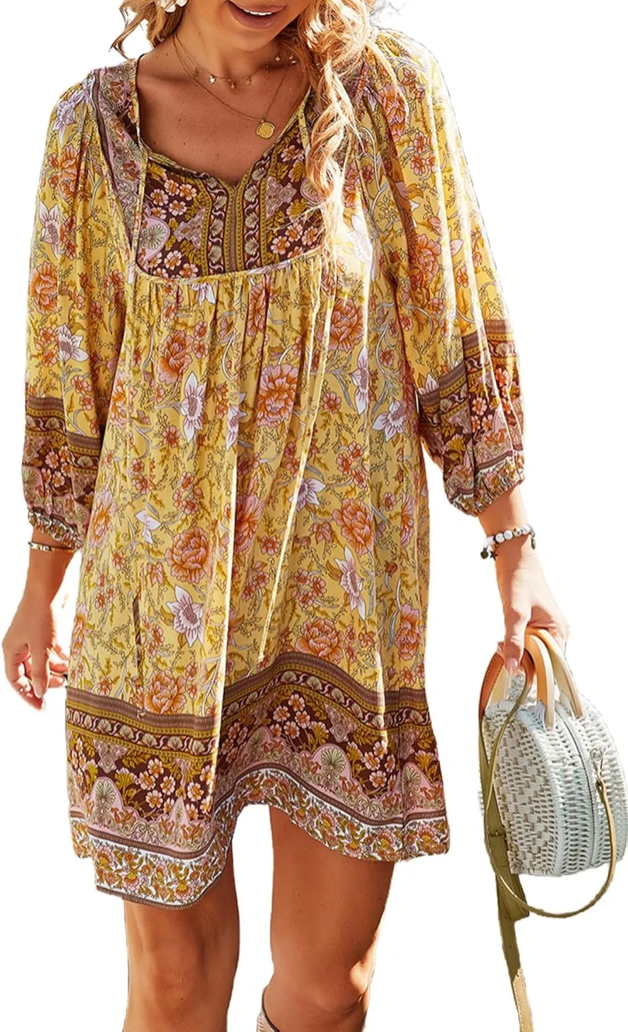 Женское платье с принтом, модель Boho Floral Print, жёлтый