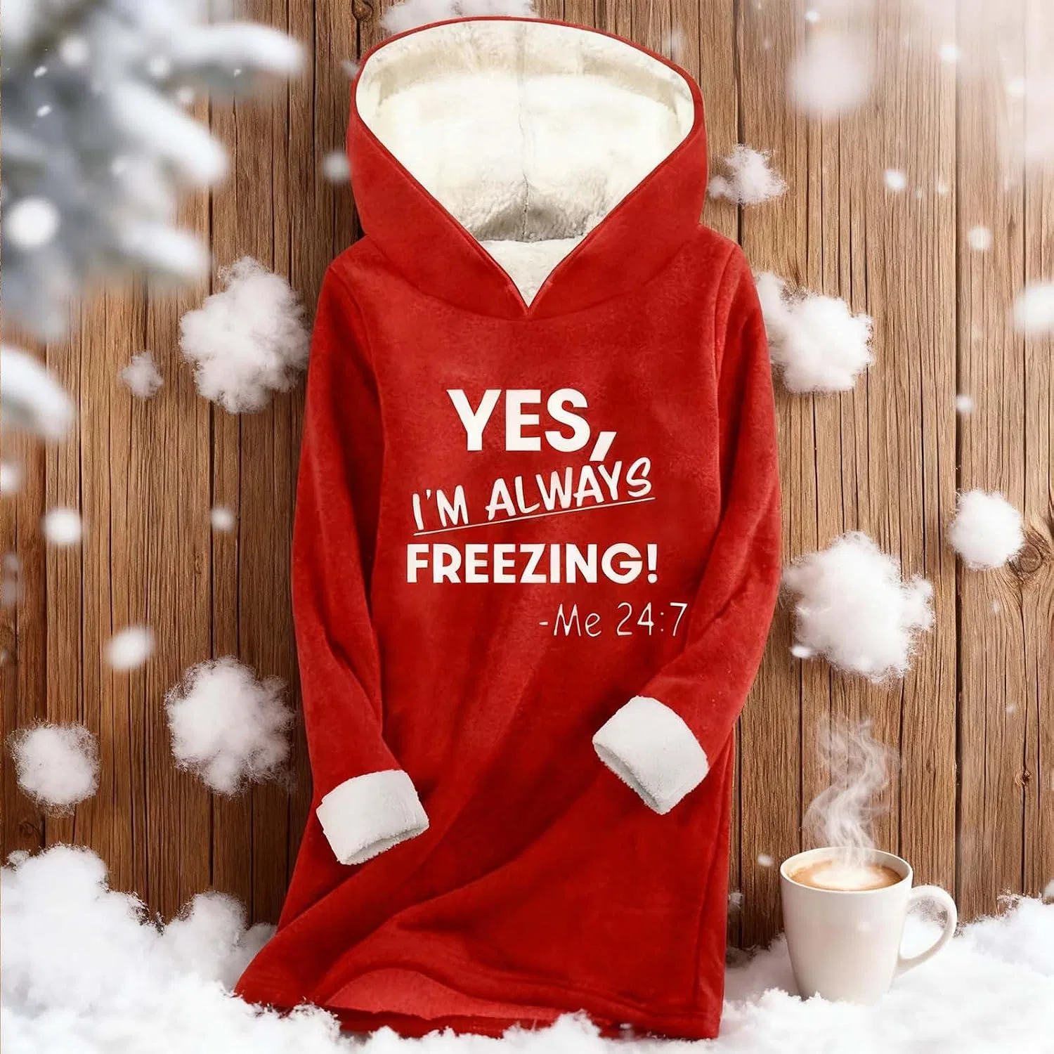 Женский свитшот с капюшоном с принтом Yes I'm Always Freezing Me 24:7, красный — фото 3